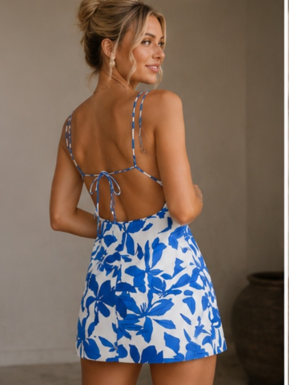 Shona Joy Bleue Open Back Double Strap Mini Dress Blue White Floral 39039